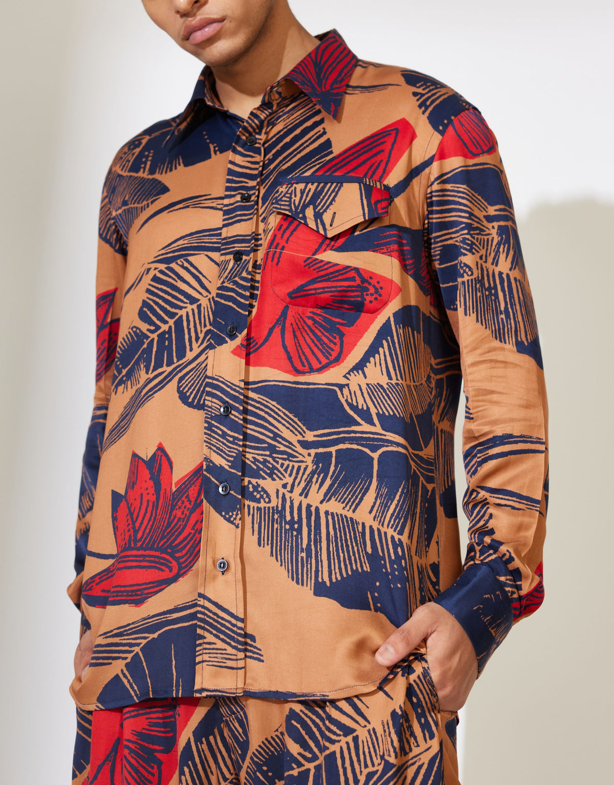 RUST, BLUE AND RED FLORAL SHIRT
