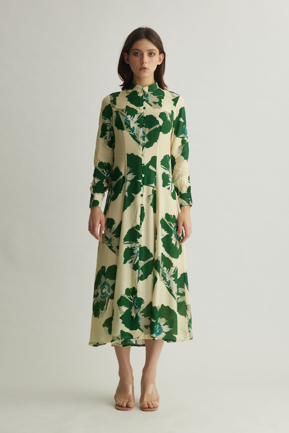 BEIGE AND GREEN FLORAL LONG SHIRT DRESS – ShopKoai