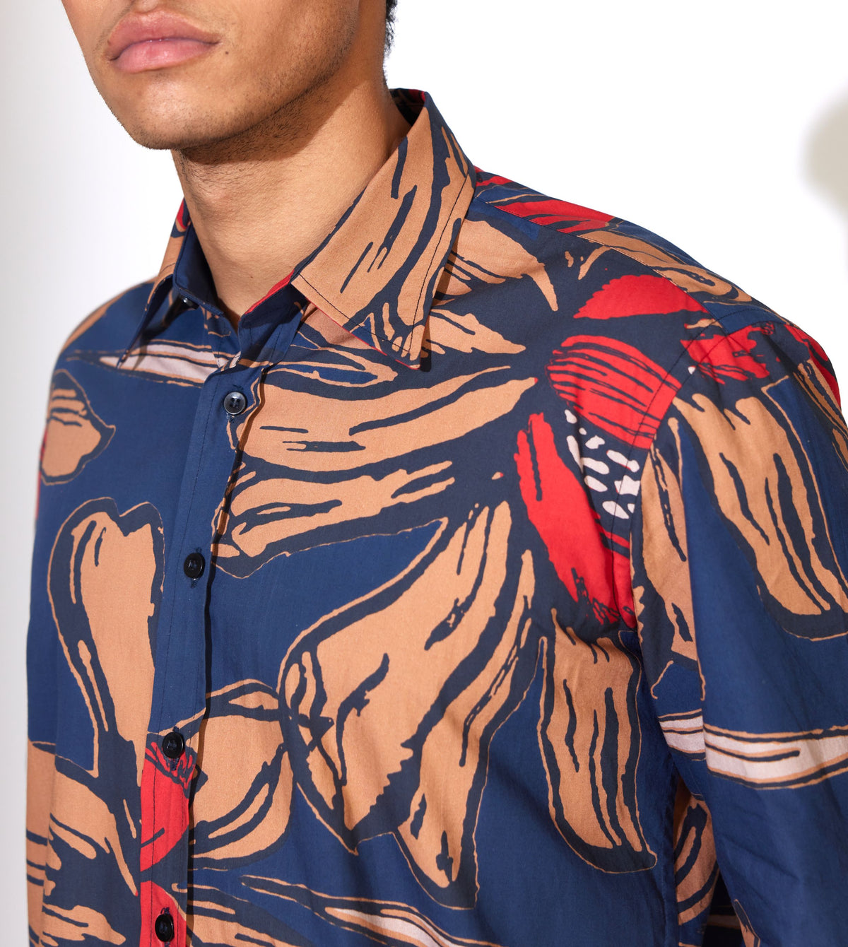 BLUE, RUST AND RED FLORAL SHIRT