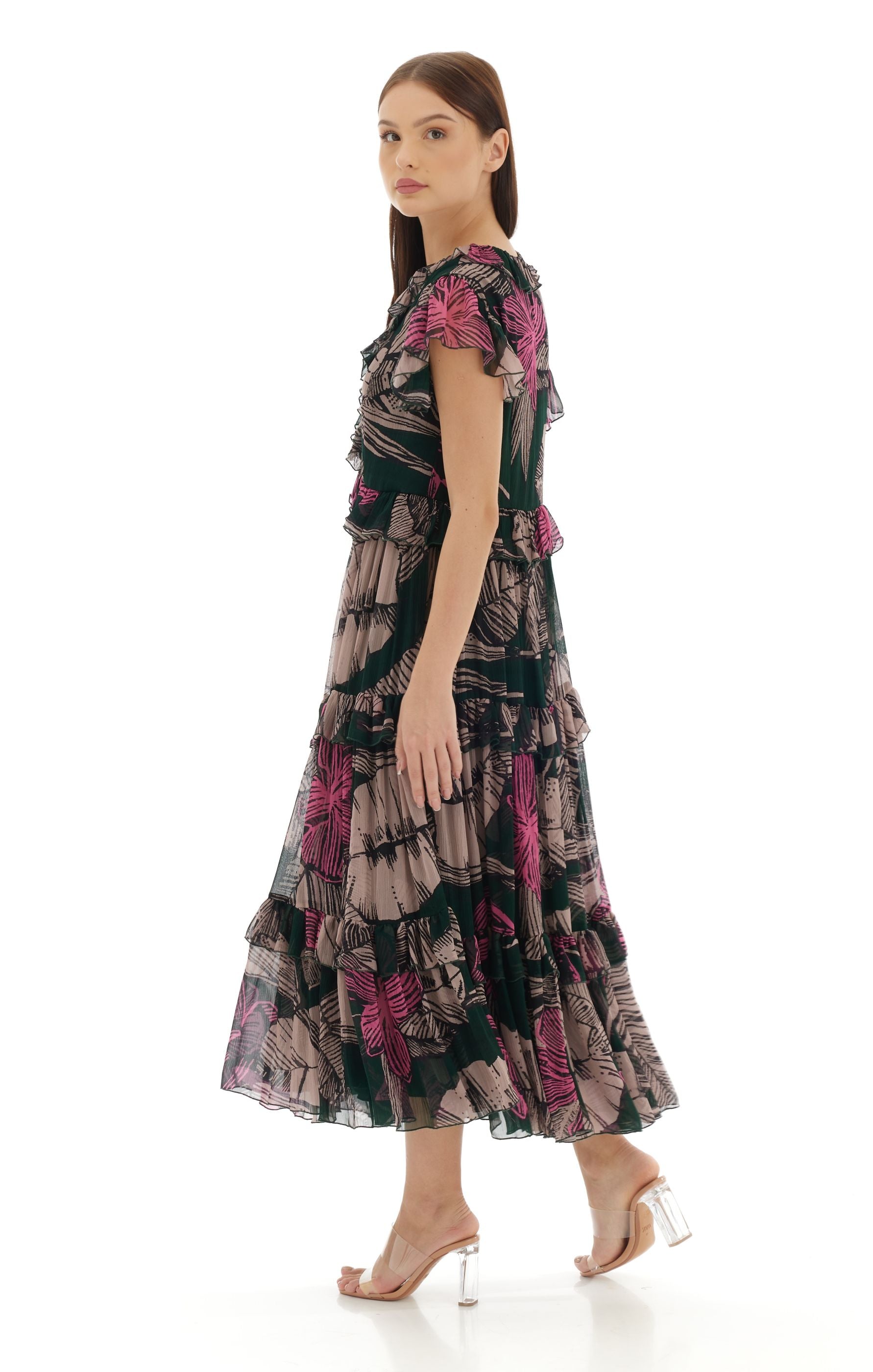 DARK GREEN, BEIGE & PINK FLORAL MIDI DRESS – ShopKoai
