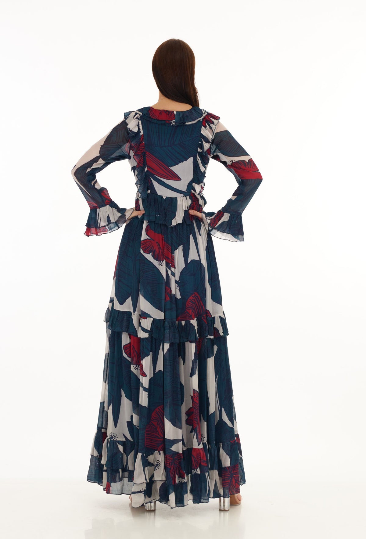 BLUE, OFF WHITE & RED FLORAL FRILL LONG DRESS
