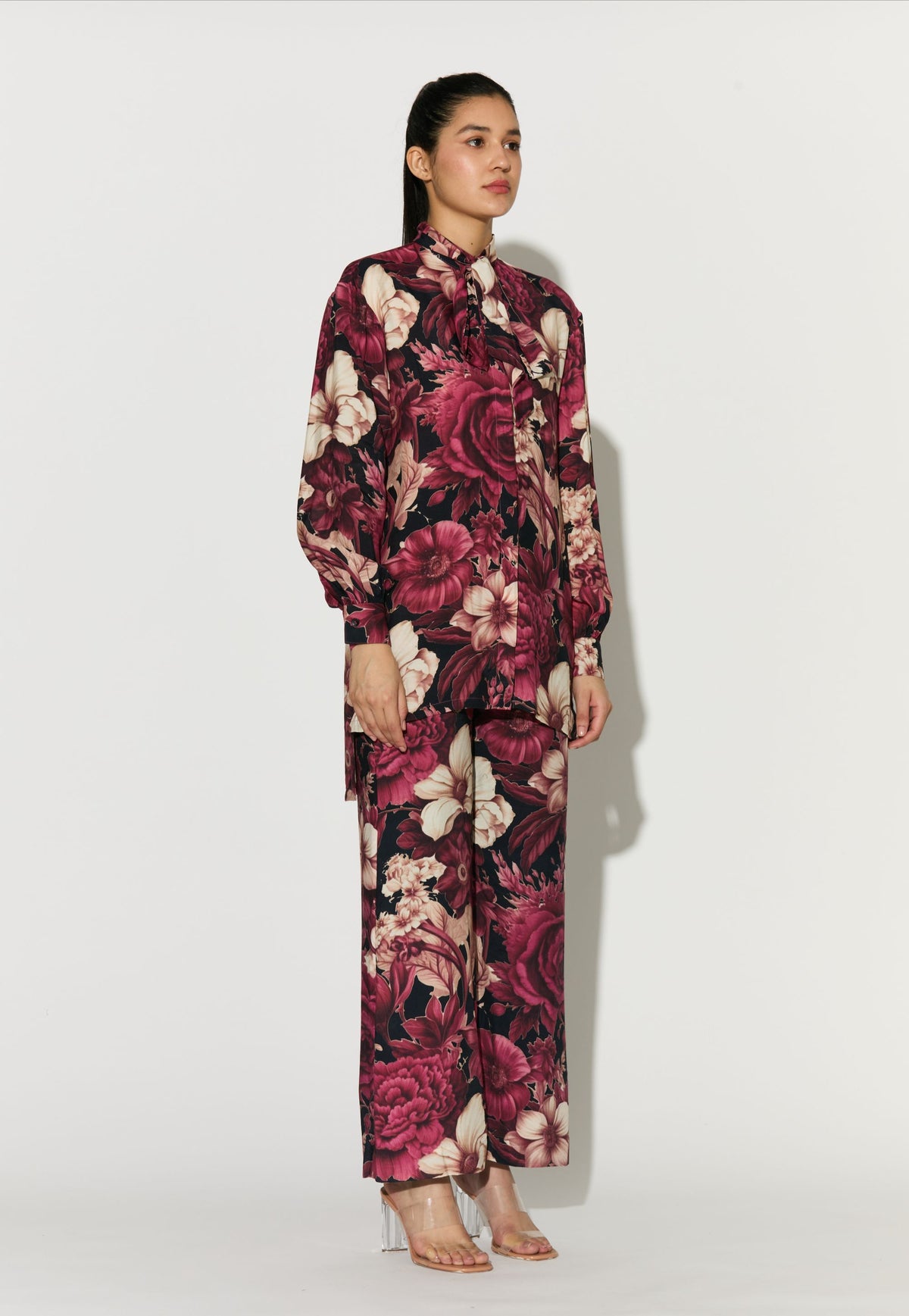BLACK, PINK AND WHITE FLORAL BOW TIE SHIRT