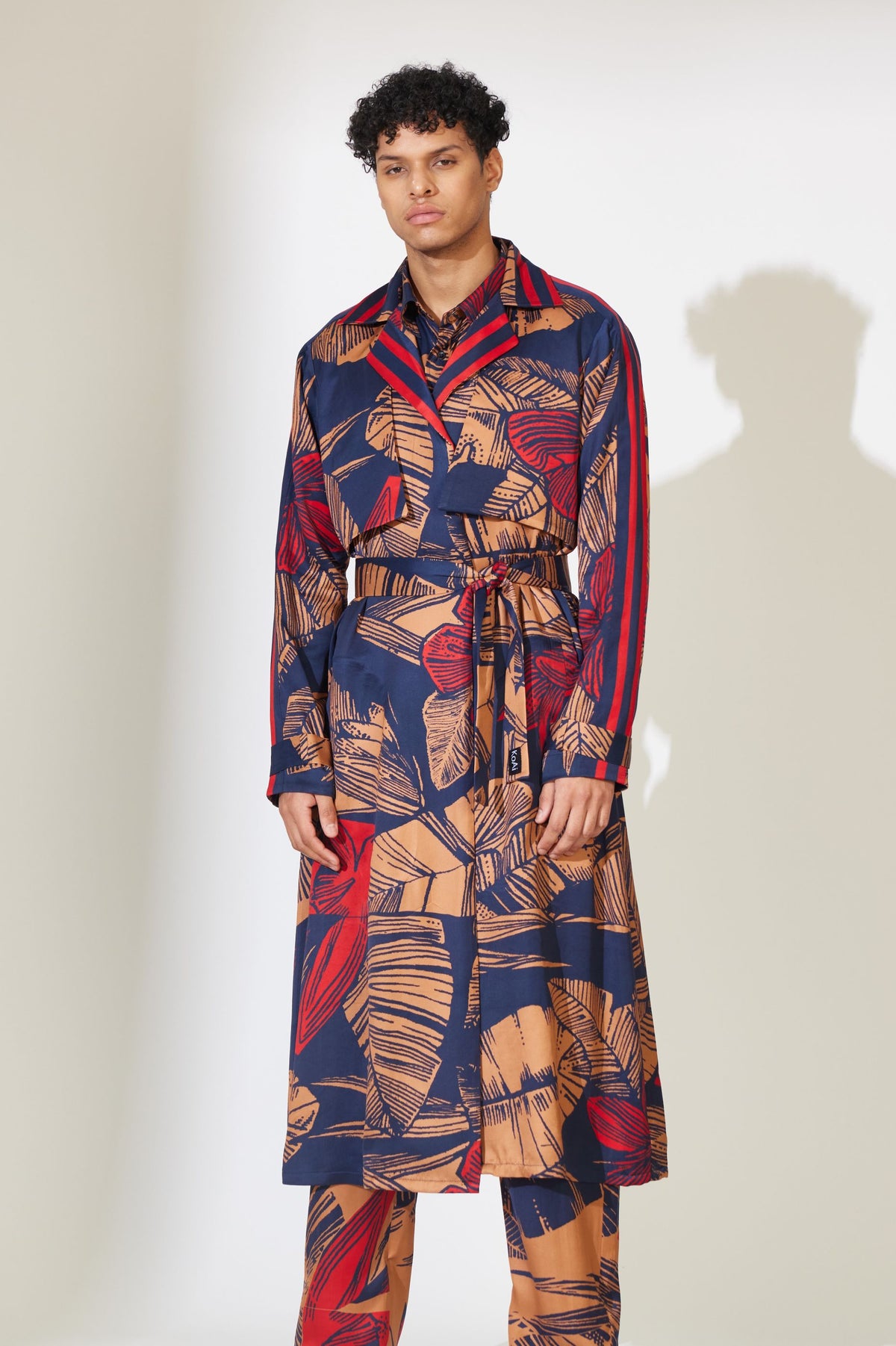 BLUE, RUST AND RED FLORAL TRENCH CAPE