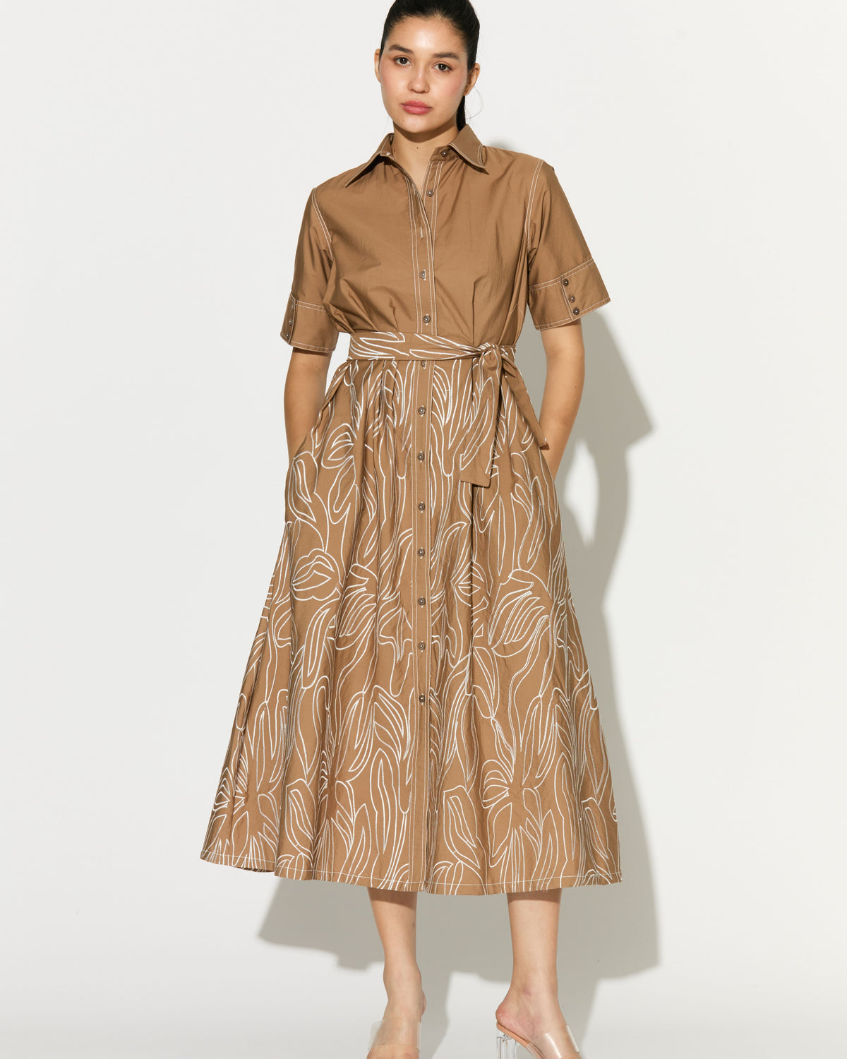 LIGHT BROWN EMBROIDERED SHIRT DRESS