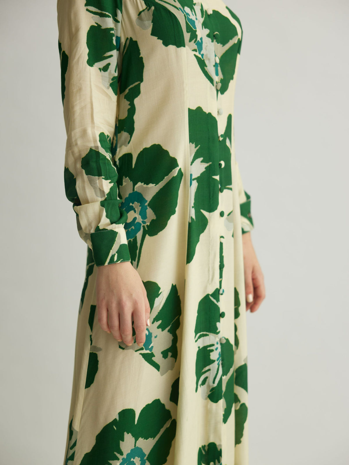 BEIGE AND GREEN FLORAL LONG SHIRT DRESS ShopKoai BEIGE AND GREEN FLORAL LONG SHIRT DRESS ShopKoai
