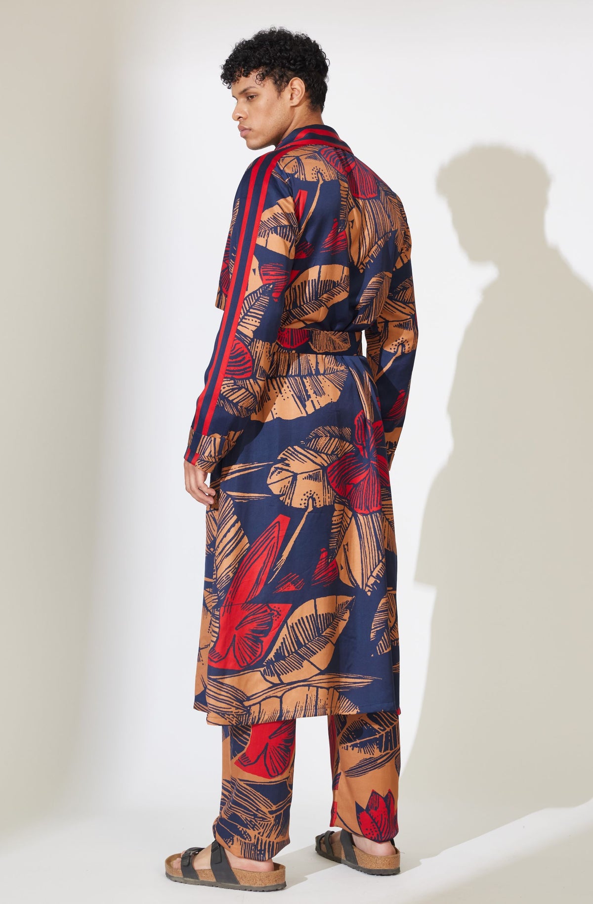 BLUE, RUST AND RED FLORAL TRENCH CAPE