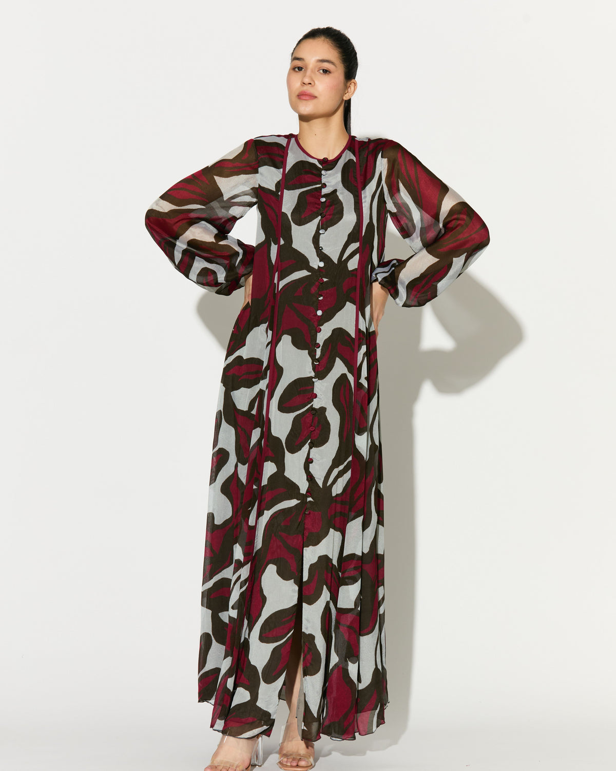 BEIGE, PINK AND GREEN FLORAL LONG DRESS