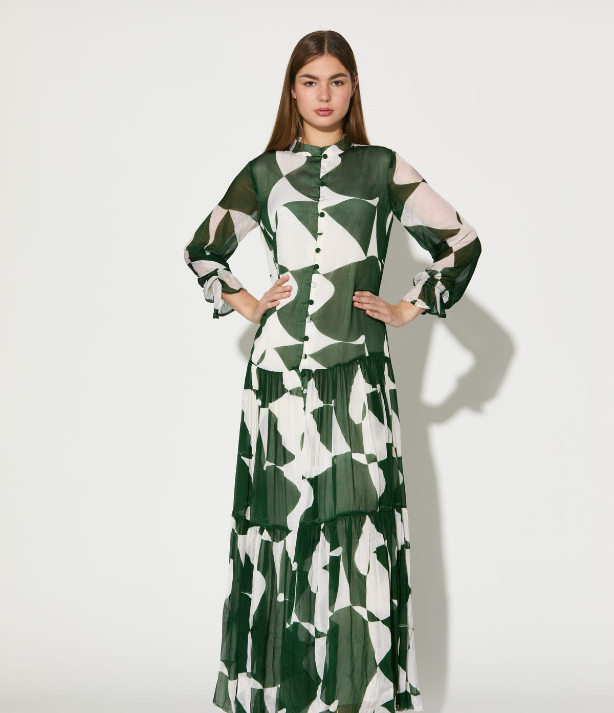 GREEN AND WHITE ABSTRACT LONG DRESS