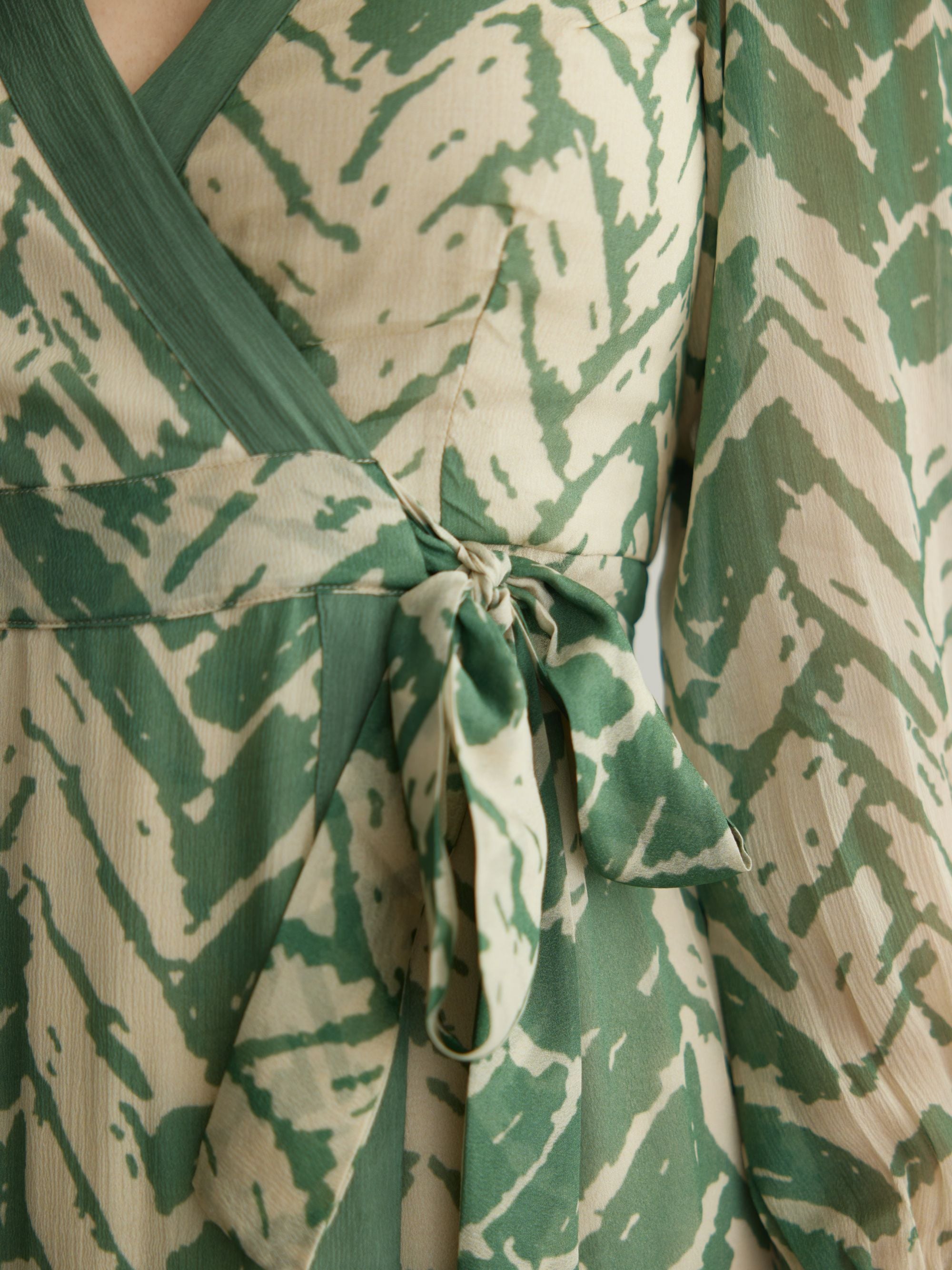 BEIGE AND MINT CHEVRON PRINT WRAP DRESS