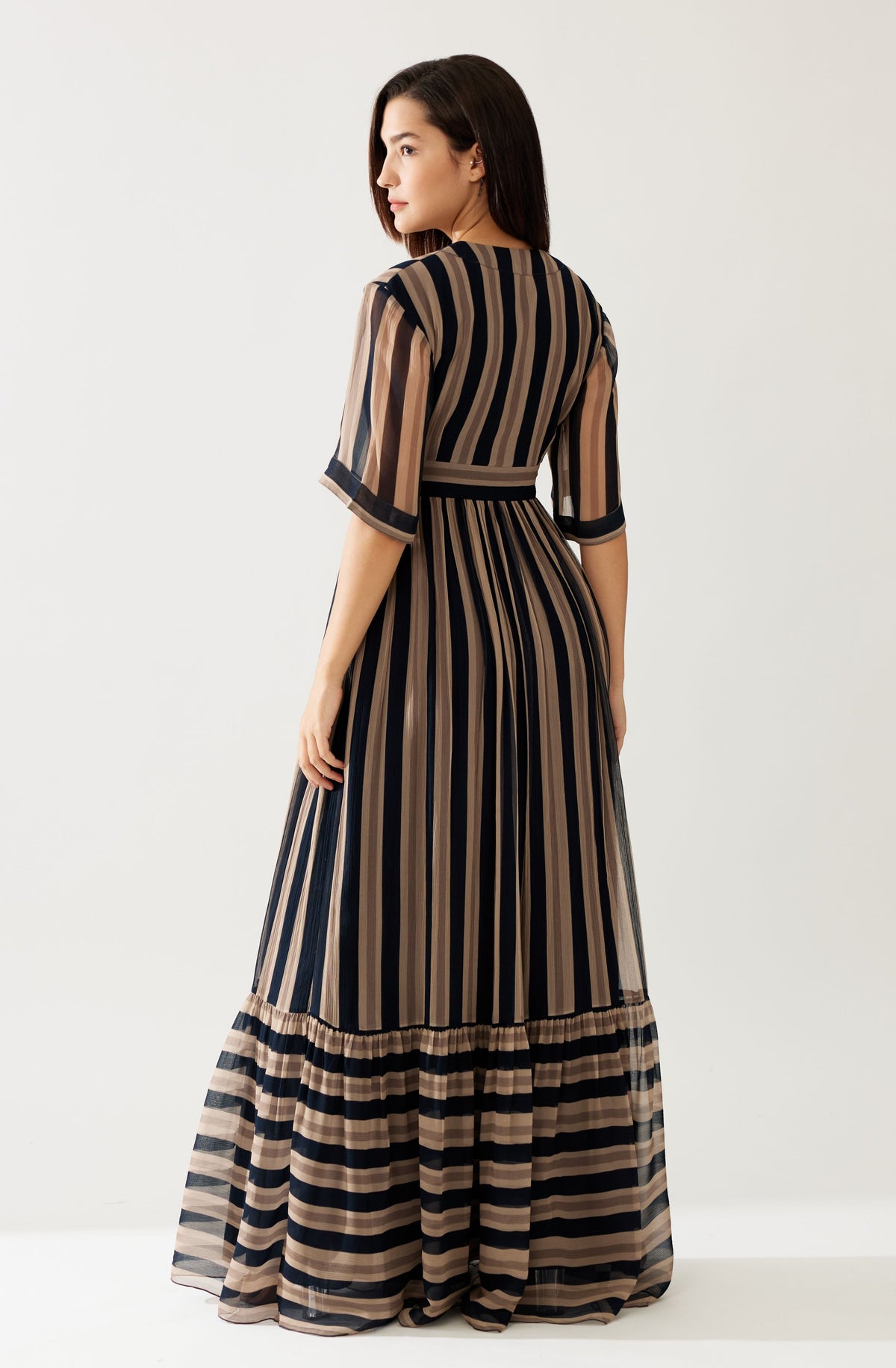 DARK GREEN AND BEIGE STRIPE LONG DRESS DARK GREEN AND BEIGE STRIPE LONG DRESS