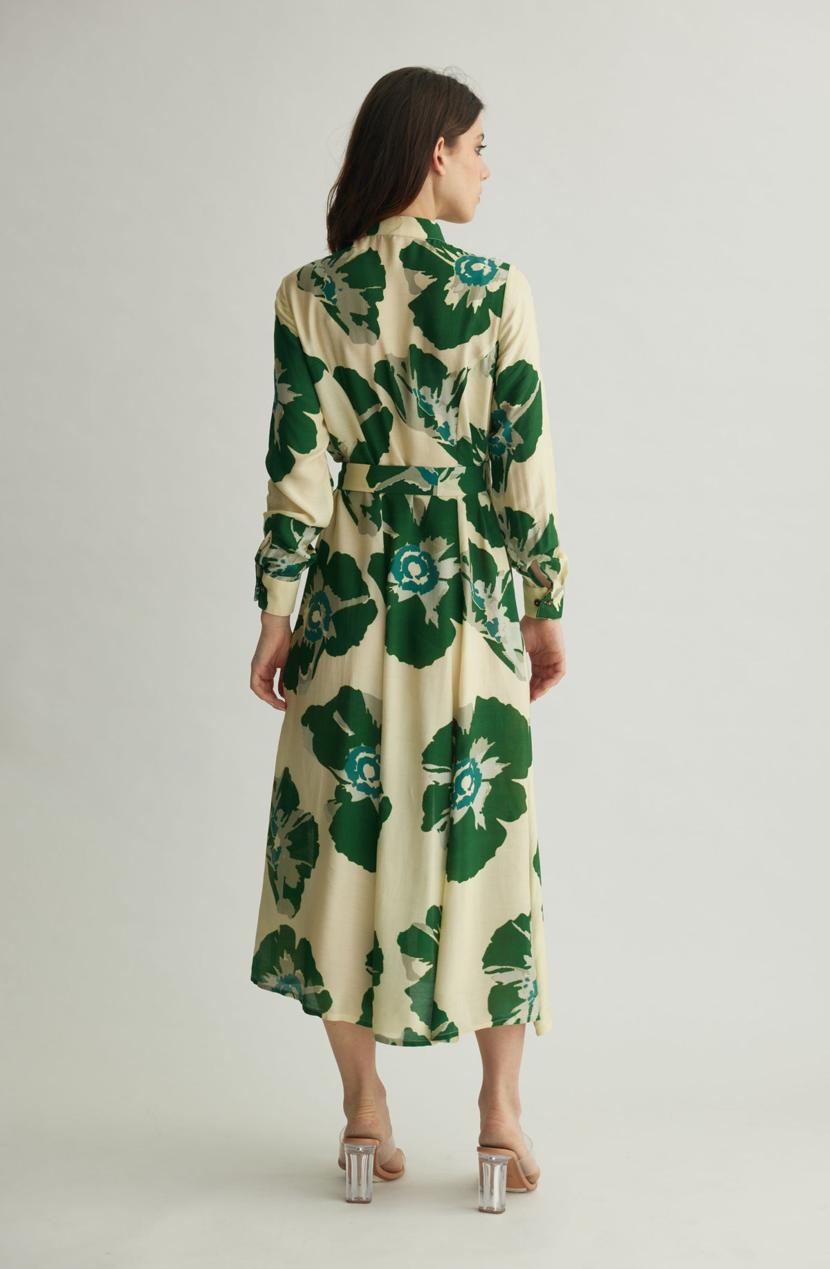 BEIGE AND GREEN FLORAL LONG SHIRT DRESS BEIGE AND GREEN FLORAL LONG SHIRT DRESS