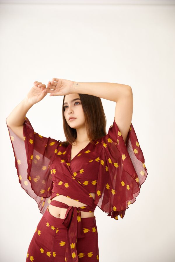 MAROON AND MUSTARD PATTERN WRAP TOP