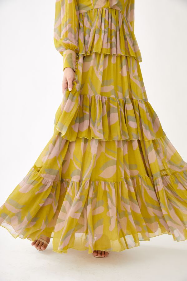 PEACH, MUSTARD AND OLIVE FLORAL THREE LAYERED FRILL DRESS
