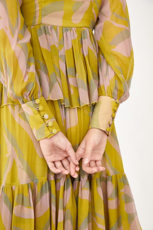 PEACH, MUSTARD AND OLIVE FLORAL THREE LAYERED FRILL DRESS