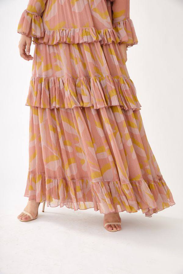 PINK, PEACH AND MUSTARD FLORAL THREE LAYER DRESS