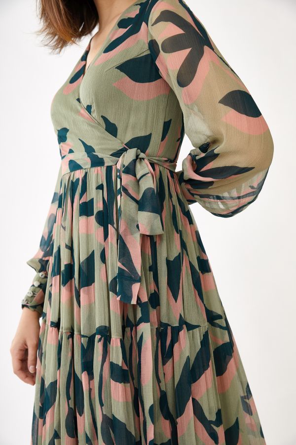 PINK, OLIVE AND GREEN FLORAL WRAP DRESS