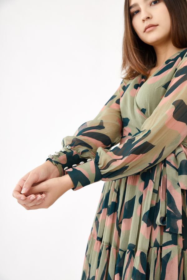 PINK, OLIVE AND GREEN FLORAL WRAP DRESS
