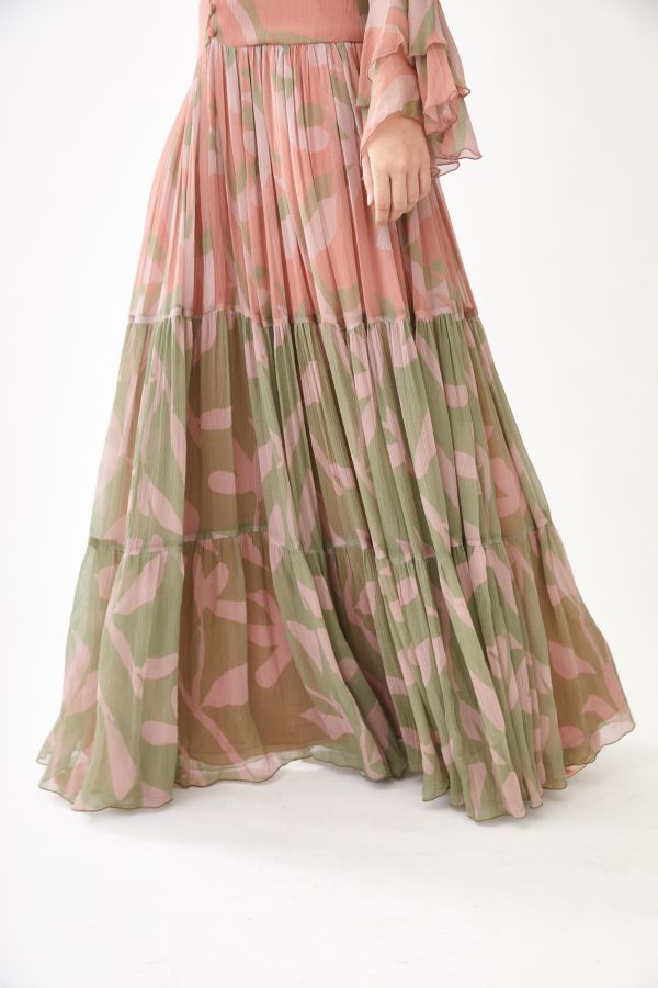 PINK, PEACH AND OLIVE FLORAL DUAL TONE DRESS
