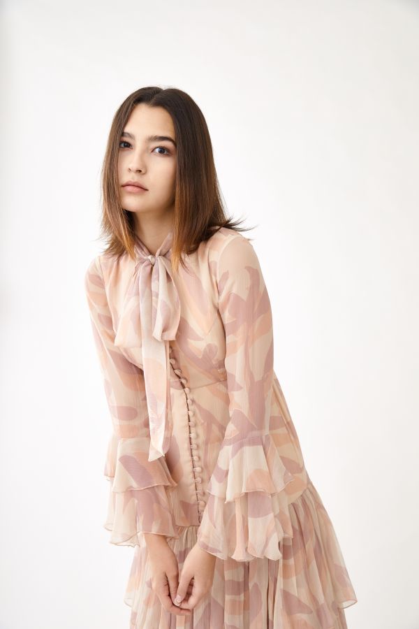 CREAM, PINK AND LAVENDER FLORAL THREE LAYER FRILL DRESS