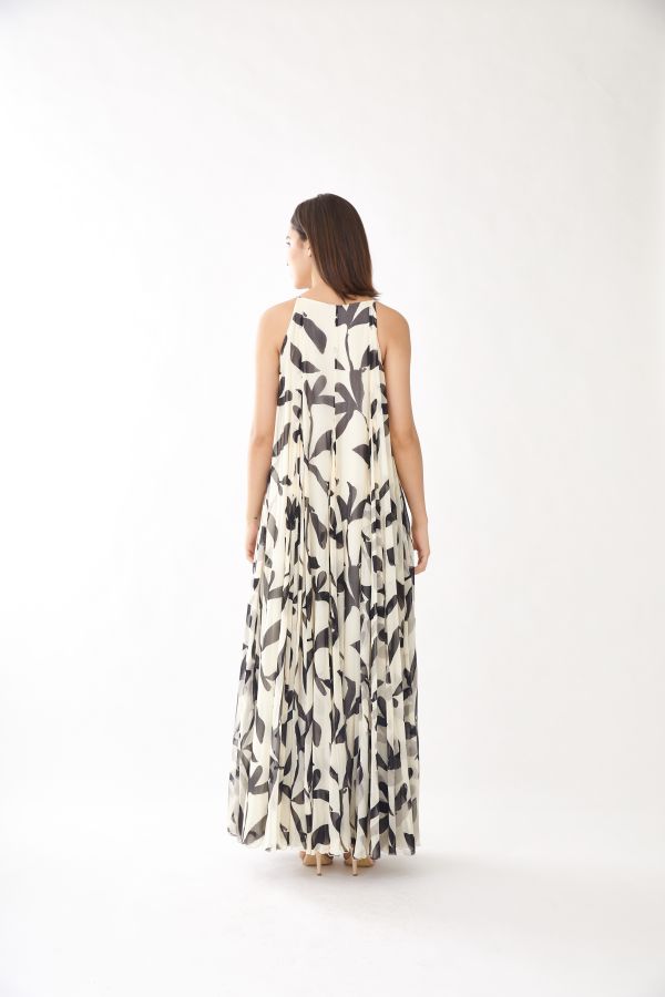 CREAM AND BLACK FLORAL LONG DRESS