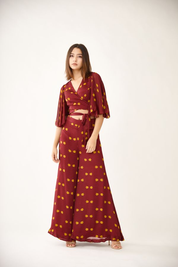 MAROON AND MUSTARD PATTERN WRAP TOP