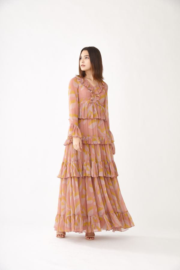 PINK, PEACH AND MUSTARD FLORAL THREE LAYER DRESS