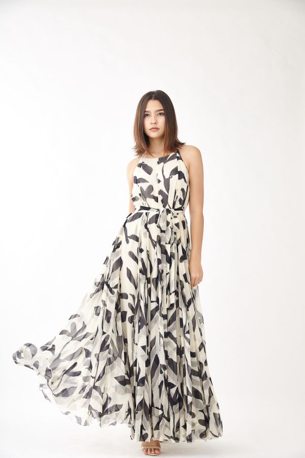 CREAM AND BLACK FLORAL LONG DRESS