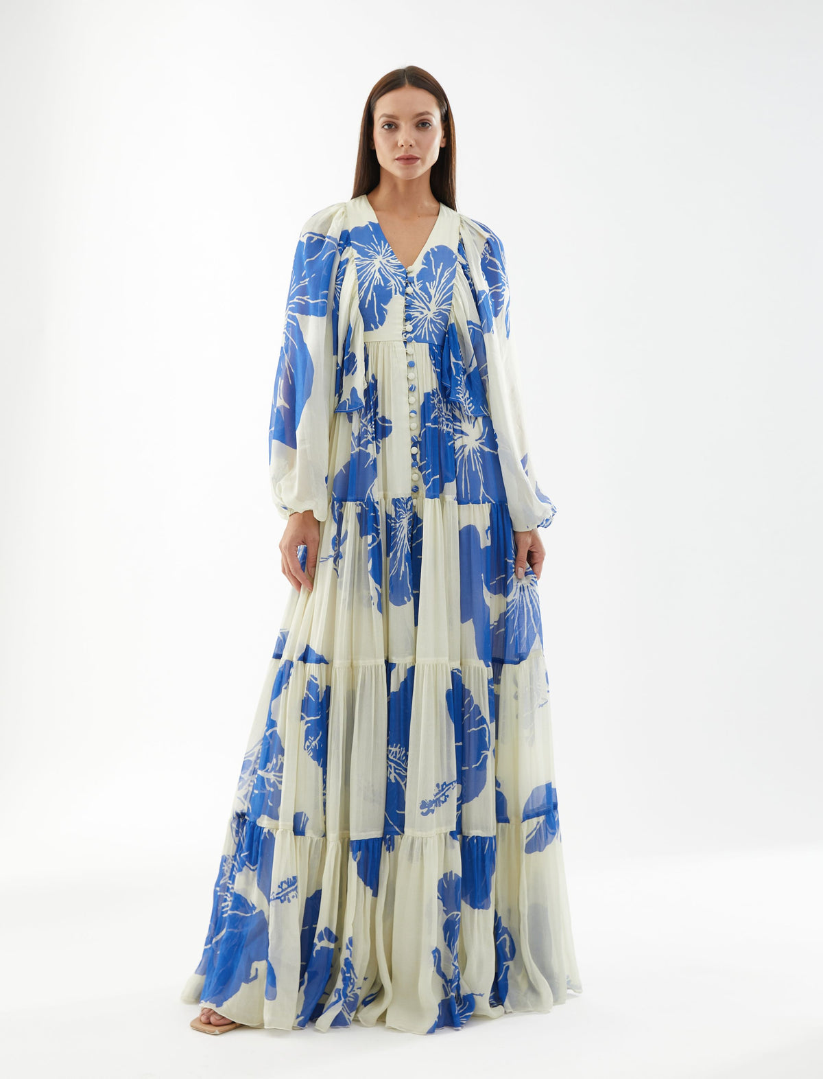 WHITE AND BLUE FLORAL BALLOON SLEEVE DRESS WHITE AND BLUE FLORAL BALLOON SLEEVE DRESS