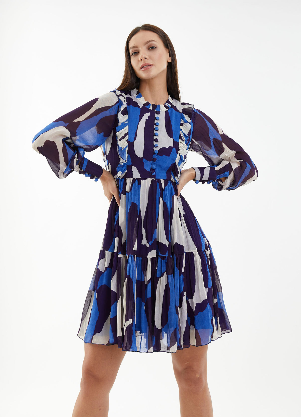 BLUE AND WHITE ABSTRACT SHORT DRESS