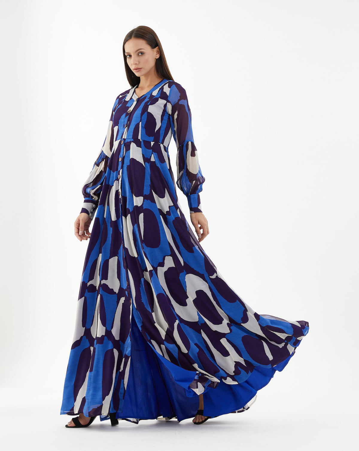 BLUE AND WHITE ABSTRACT LONG SHIRT DRESS
