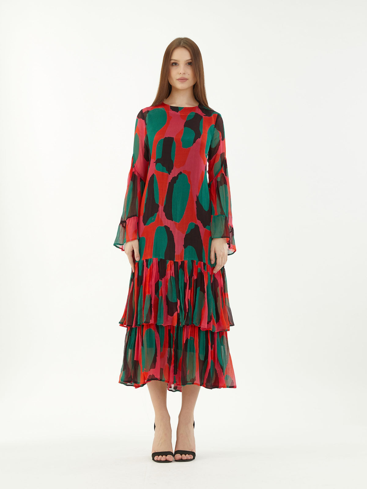 RED, GREEN AND BLACK ABSTRACT FRILL DRESS