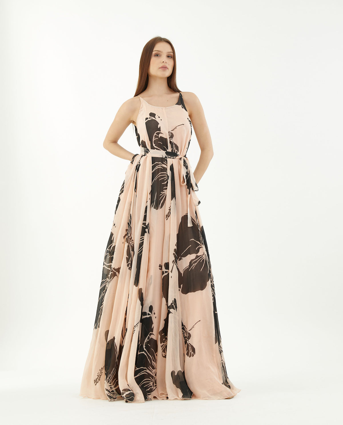 PINK AND BLACK FLORAL LONG FLARE SLEEVELESS DRESS PINK AND BLACK FLORAL LONG FLARE SLEEVELESS DRESS