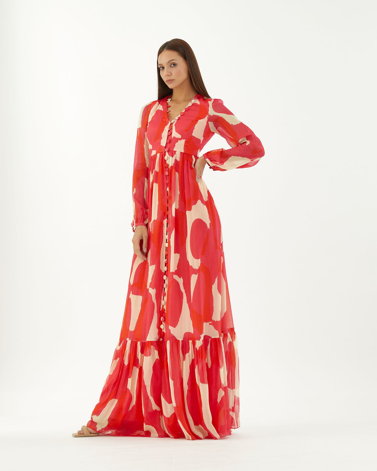 HOT PINK, RED AND BEIGE ABSTRACT LONG DRESS