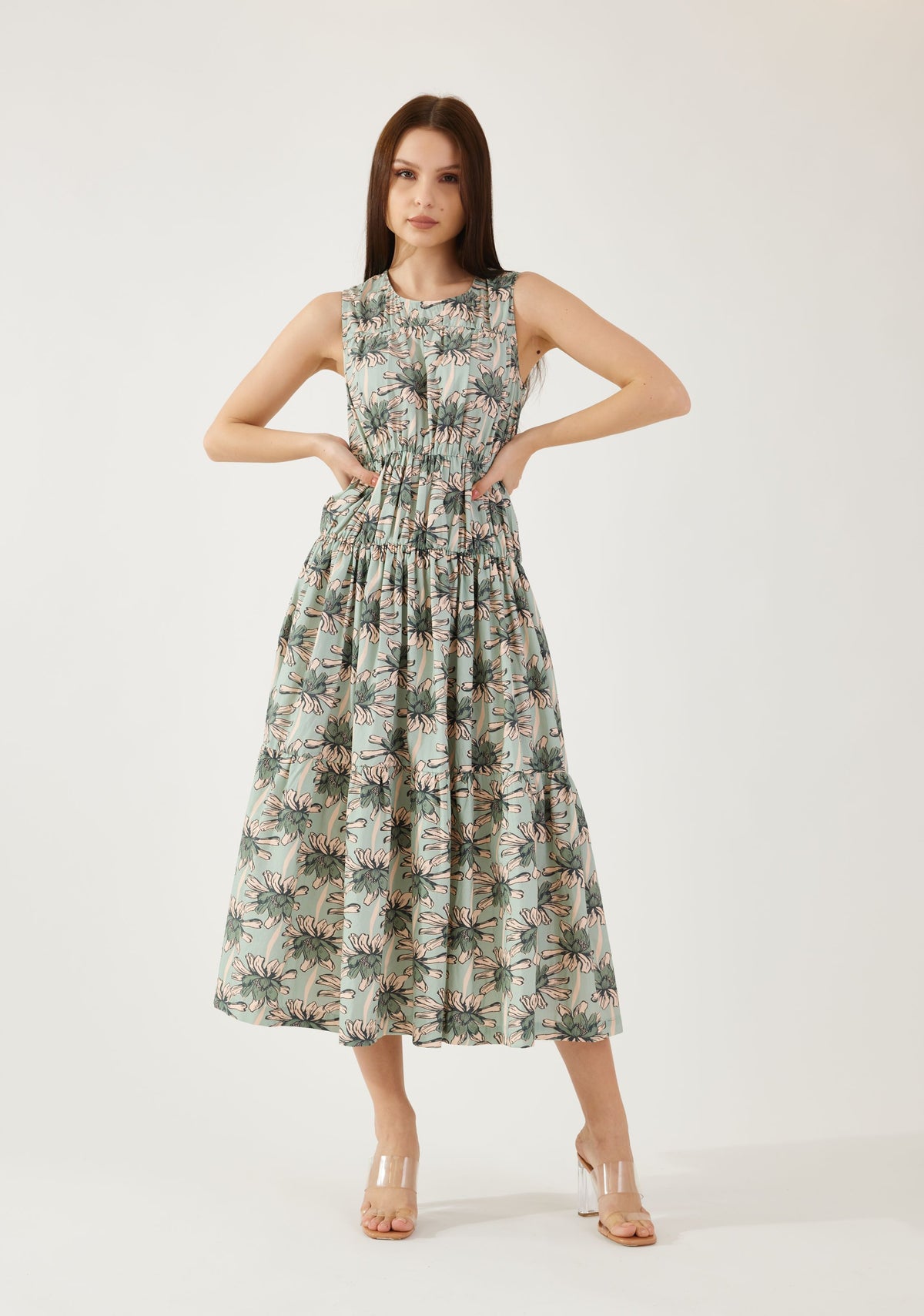 OLIVE AND GREEN FLORAL SLEEVELESS MIDI DRESS – ShopKoai