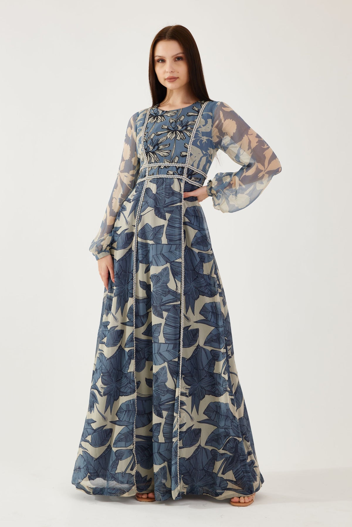 BLUE AND CREAM FLORAL EMBROIDERED KAFTAN DRESS