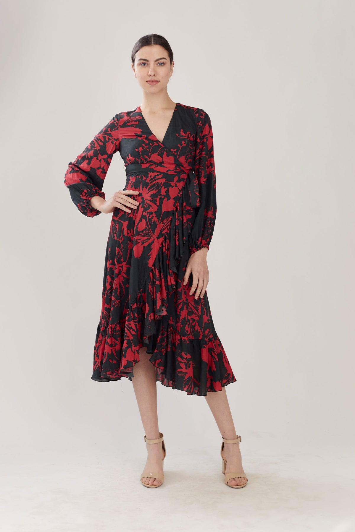 DARK GREEN AND RED FLORAL WRAP DRESS