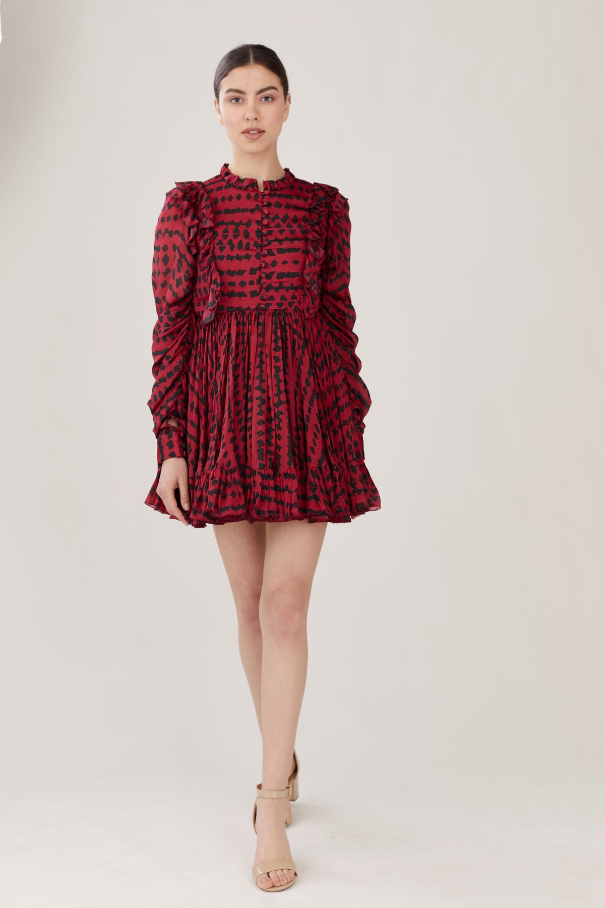 RED AND BLACK ABSTRACT PRINT FRILL SHORT DRESS
