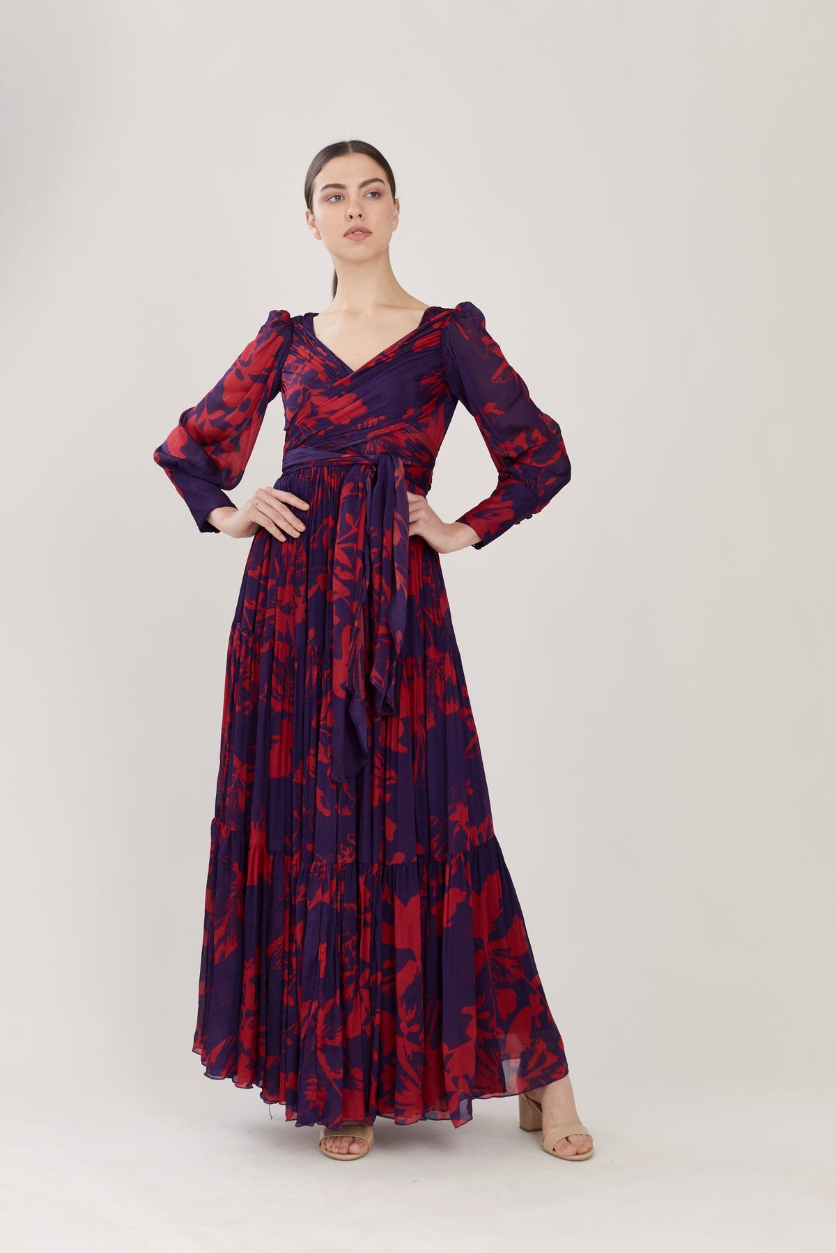 PURPLE AND RED FLORAL LONG WRAP DRESS