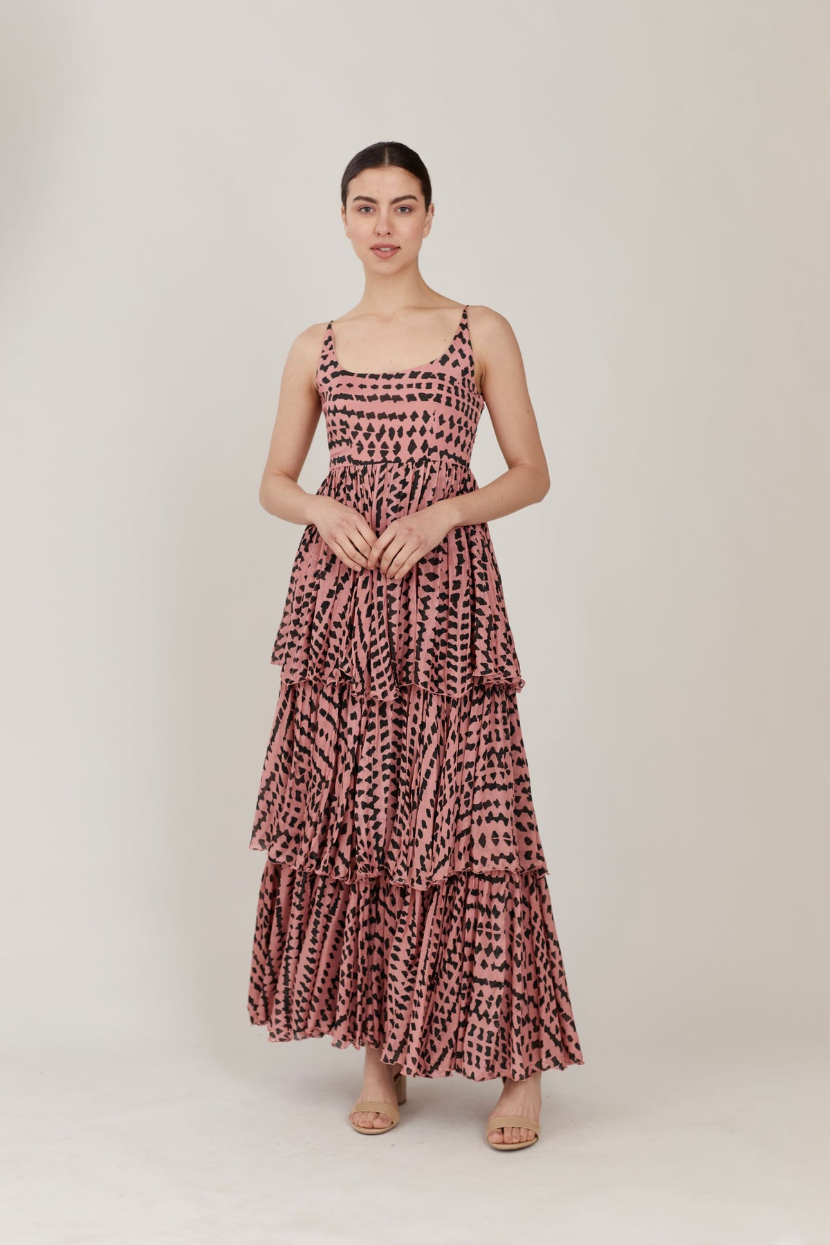 PINK & DARK GREEN ABSTRACT THREE LAYER LONG DRESS PINK & DARK GREEN ABSTRACT THREE LAYER LONG DRESS